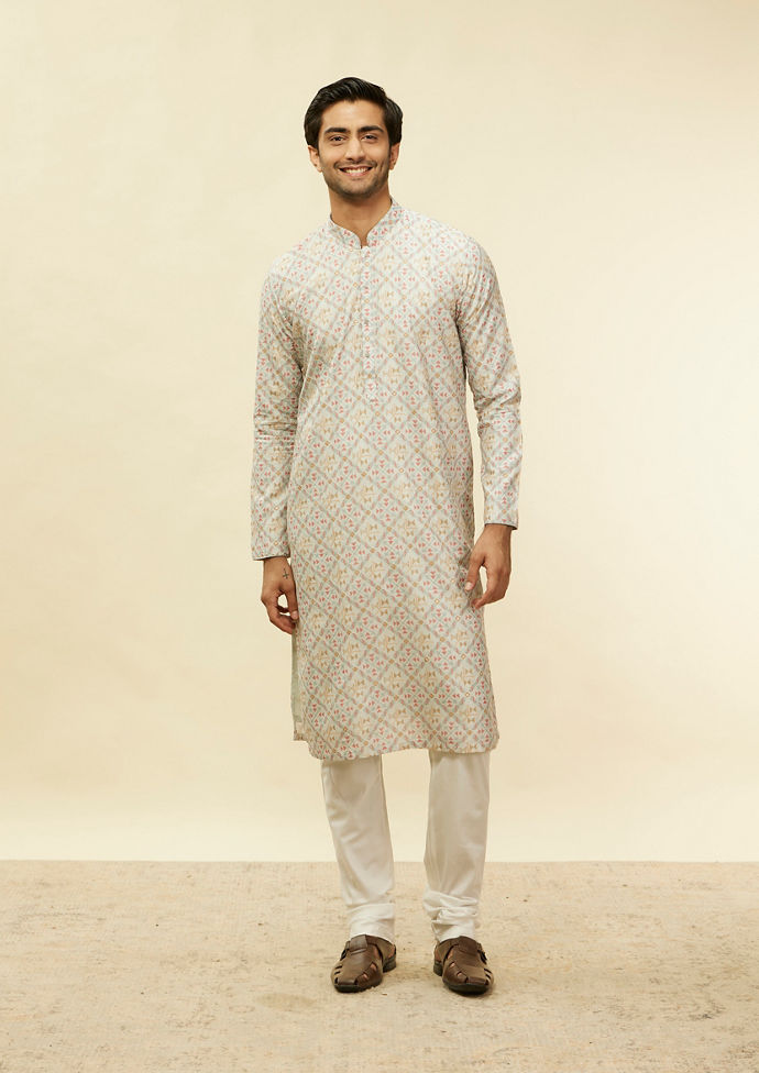 Twamev Men Suave Grey Print Kurta Set