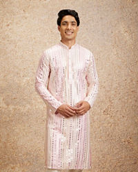 Twamev Men Twinkling Pink Georgette Kurta Pajama