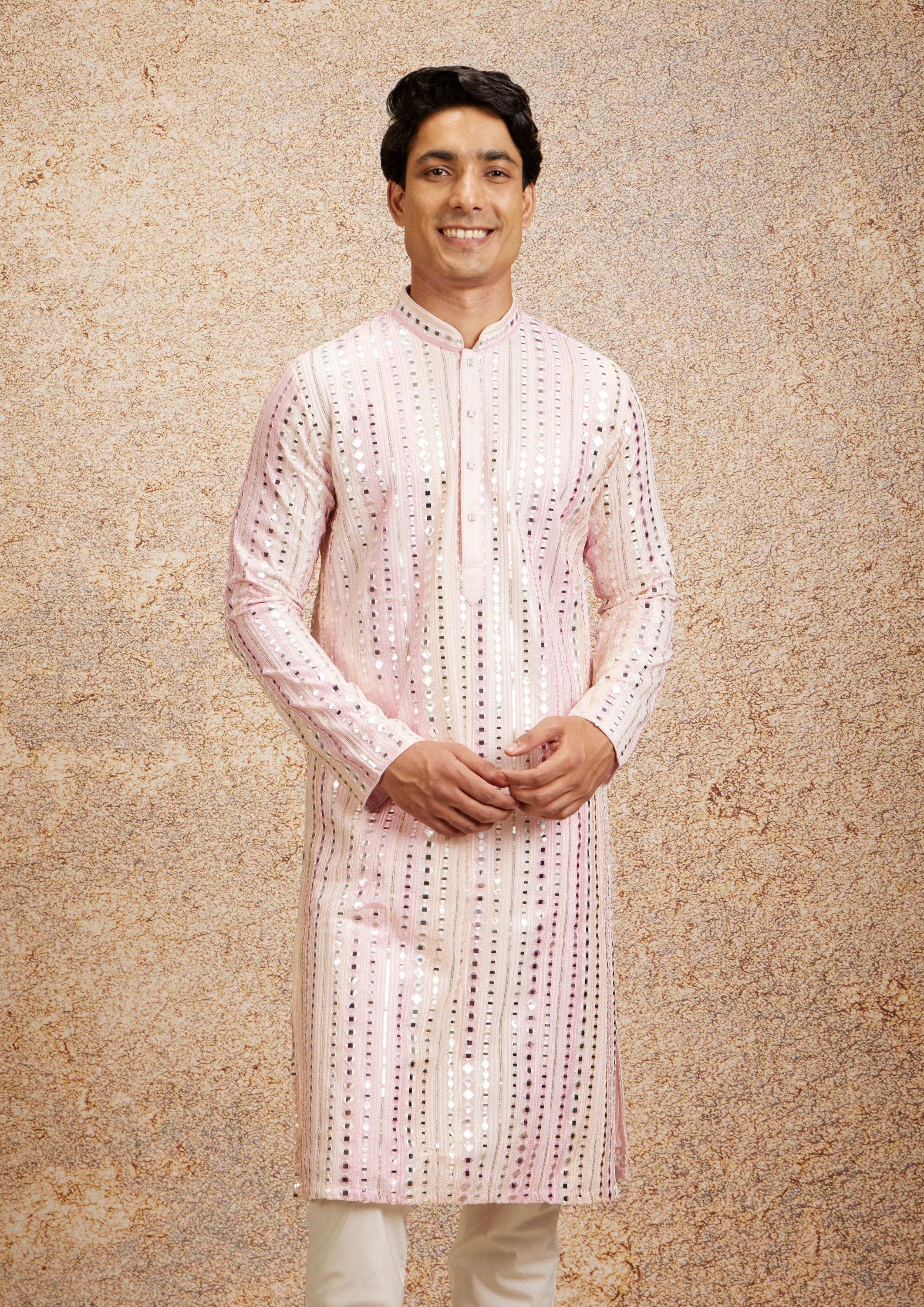 Twamev Men Twinkling Pink Georgette Kurta Pajama