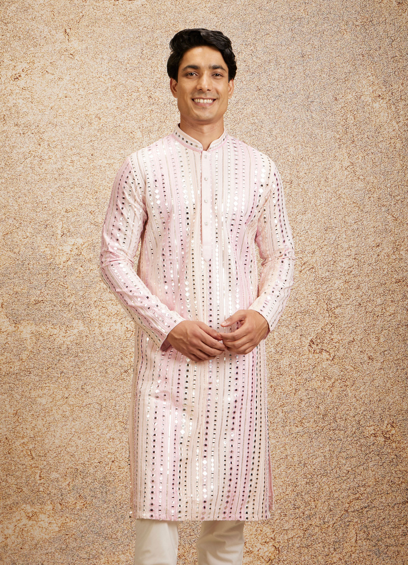 Twamev Men Twinkling Pink Georgette Kurta Pajama