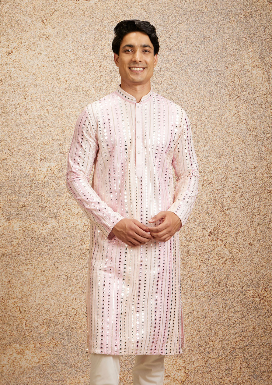 alt message - Twamev Men Twinkling Pink Georgette Kurta Pajama image number 0