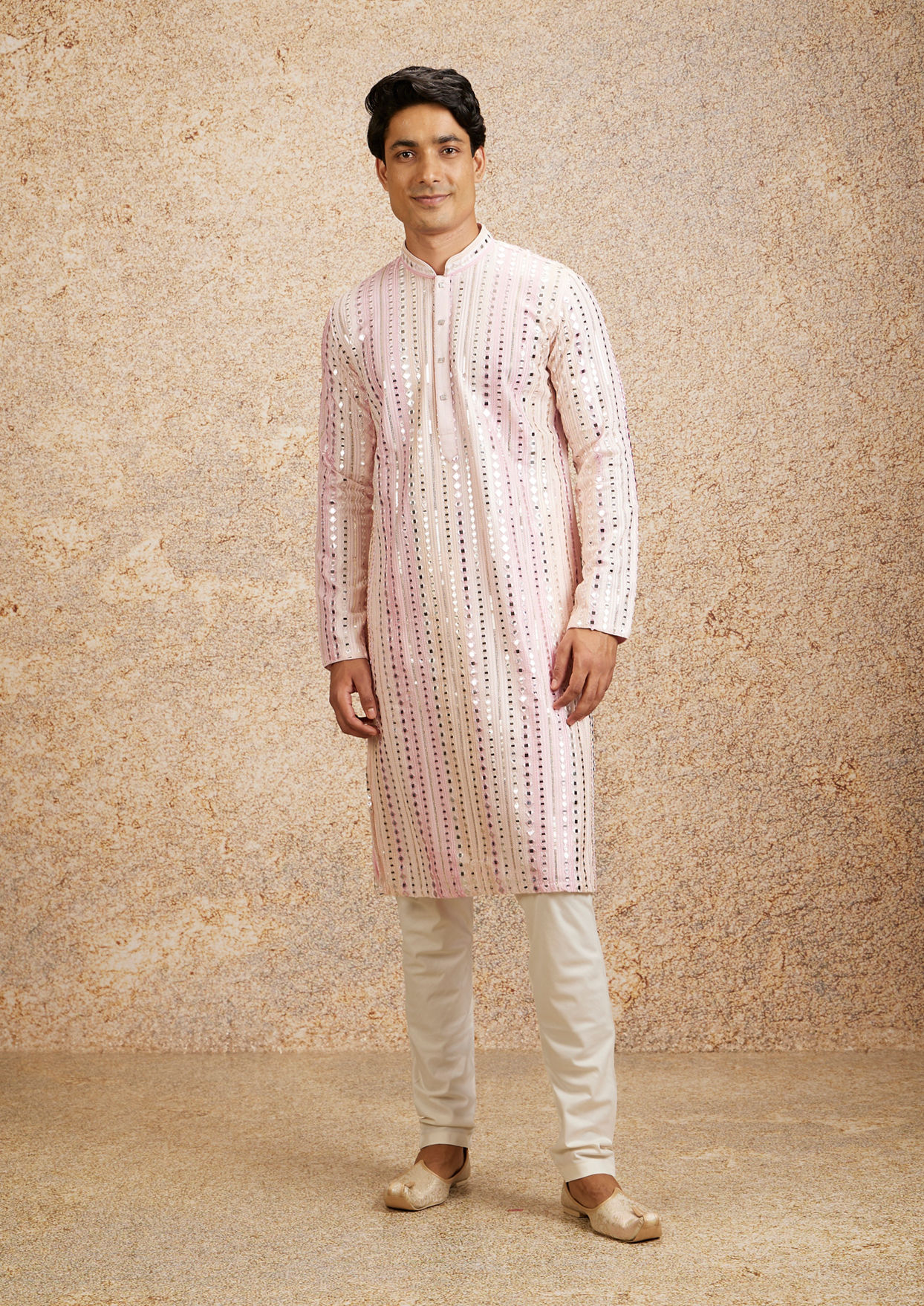 alt message - Twamev Men Twinkling Pink Georgette Kurta Pajama image number 1