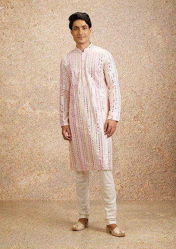 alt message - Twamev Men Twinkling Pink Georgette Kurta Pajama image number 1