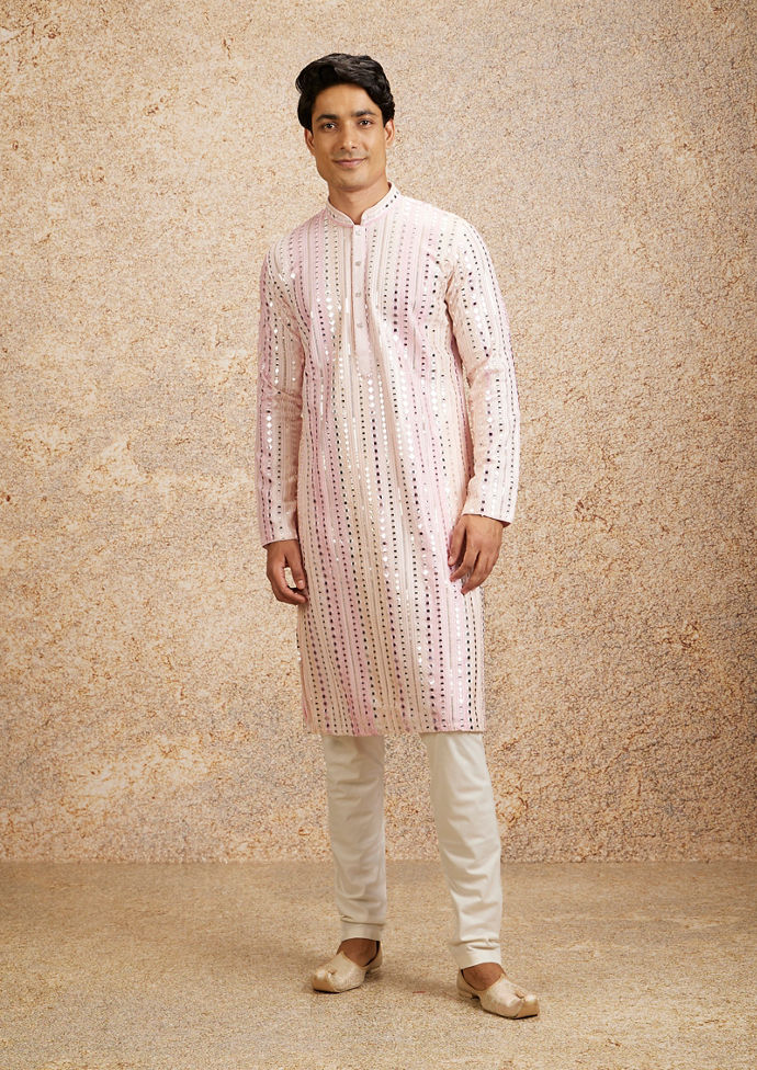 Twamev Men Twinkling Pink Georgette Kurta Pajama