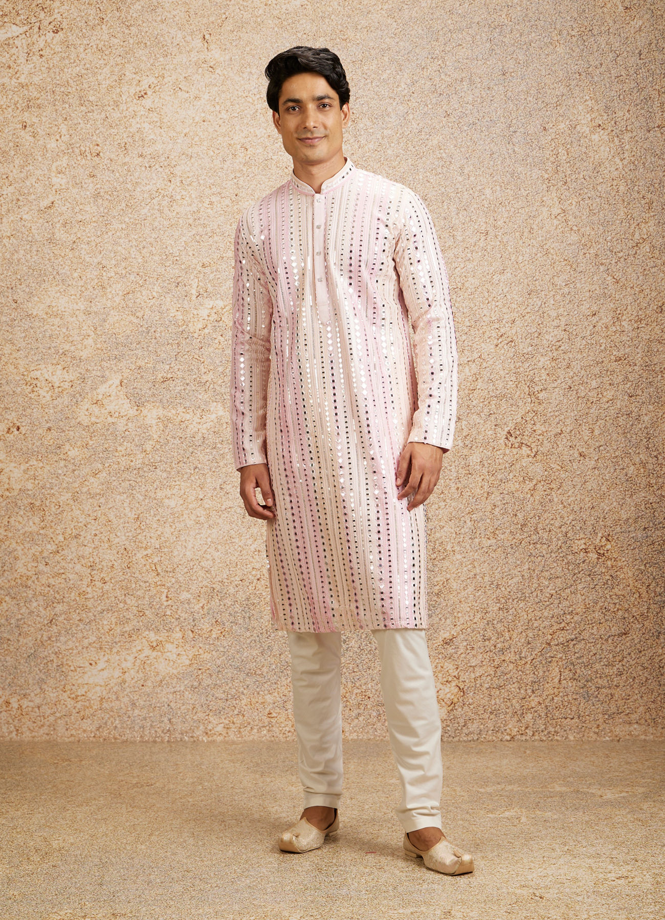 Twamev Men Twinkling Pink Georgette Kurta Pajama
