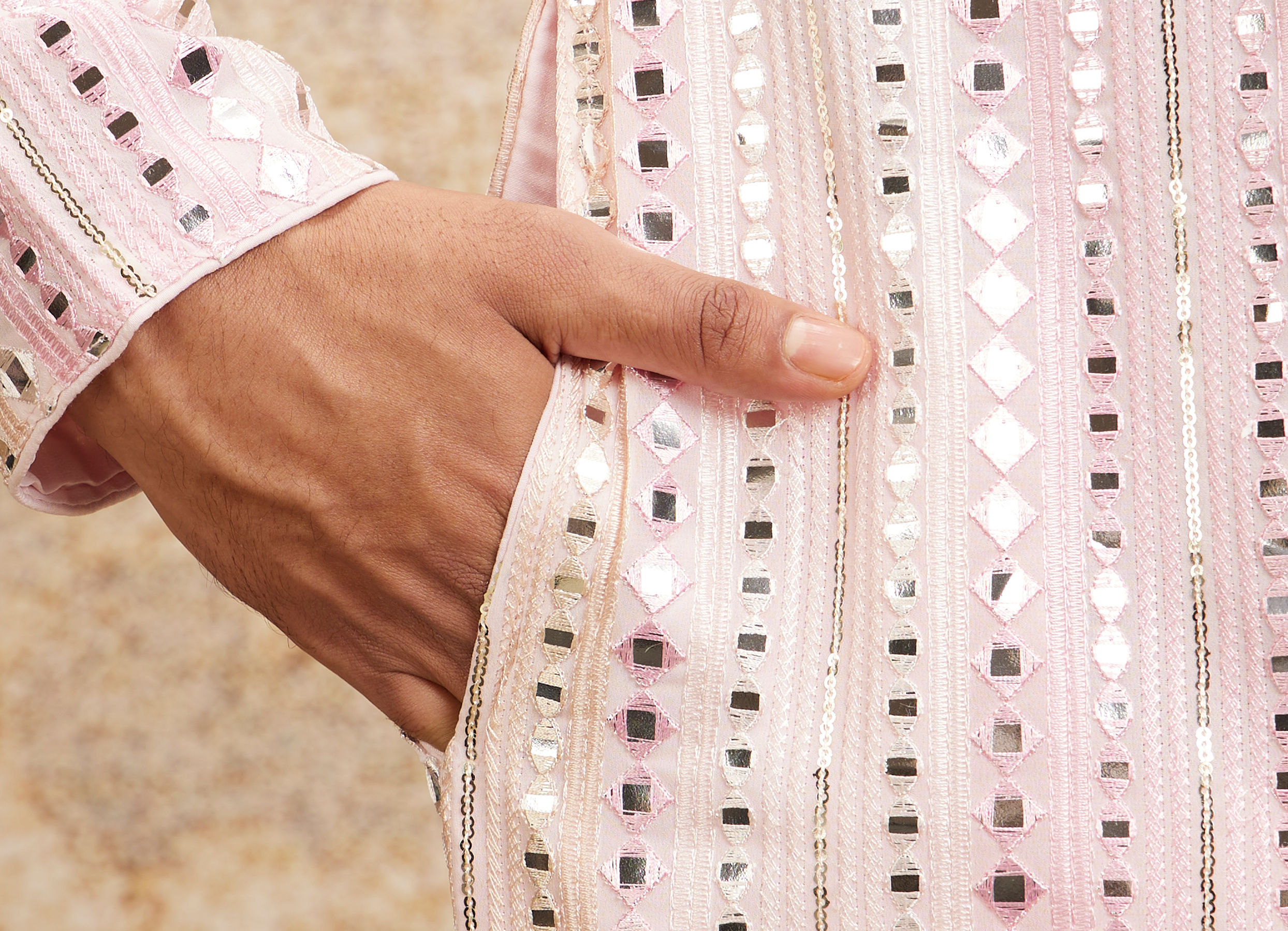 Twamev Men Twinkling Pink Georgette Kurta Pajama