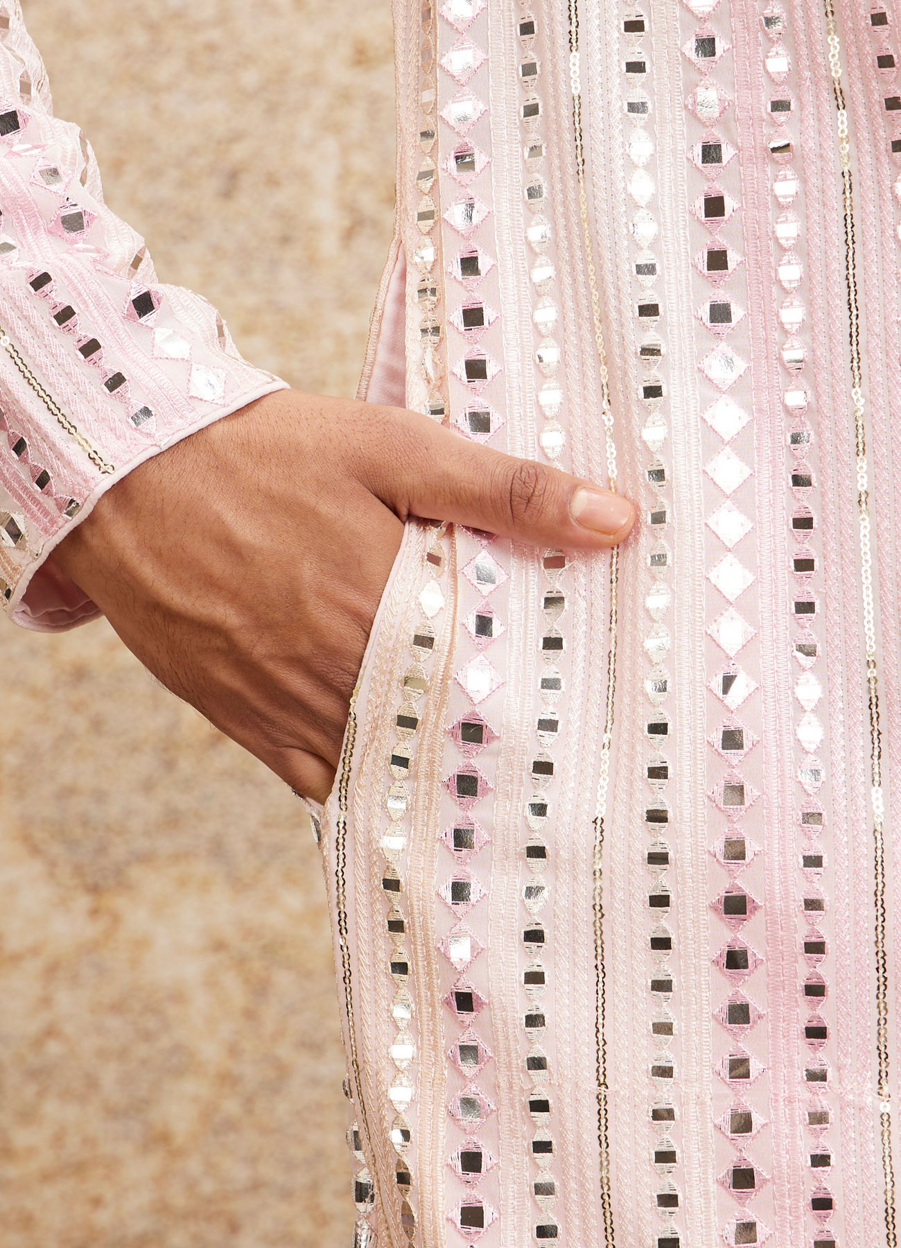 Twamev Men Twinkling Pink Georgette Kurta Pajama