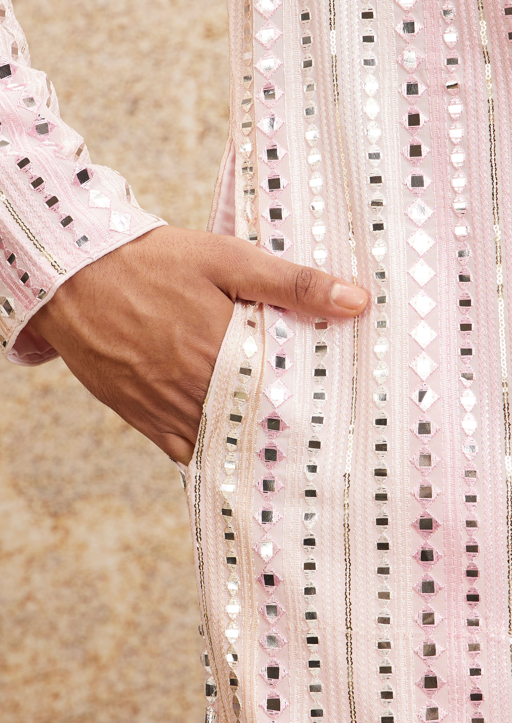Twamev Men Twinkling Pink Georgette Kurta Pajama