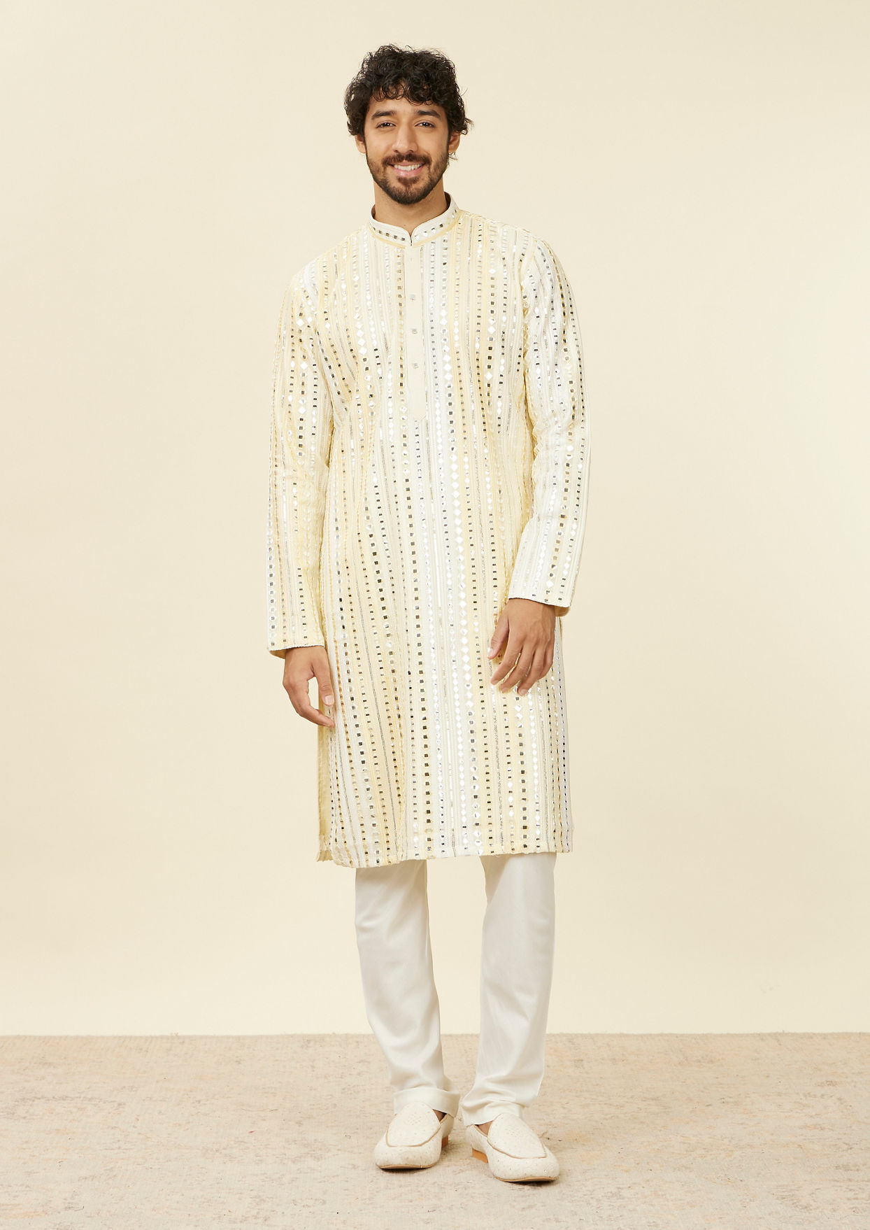 alt message - Twamev Men Lemon Yellow Kurta Set with Mirror Work image number 2