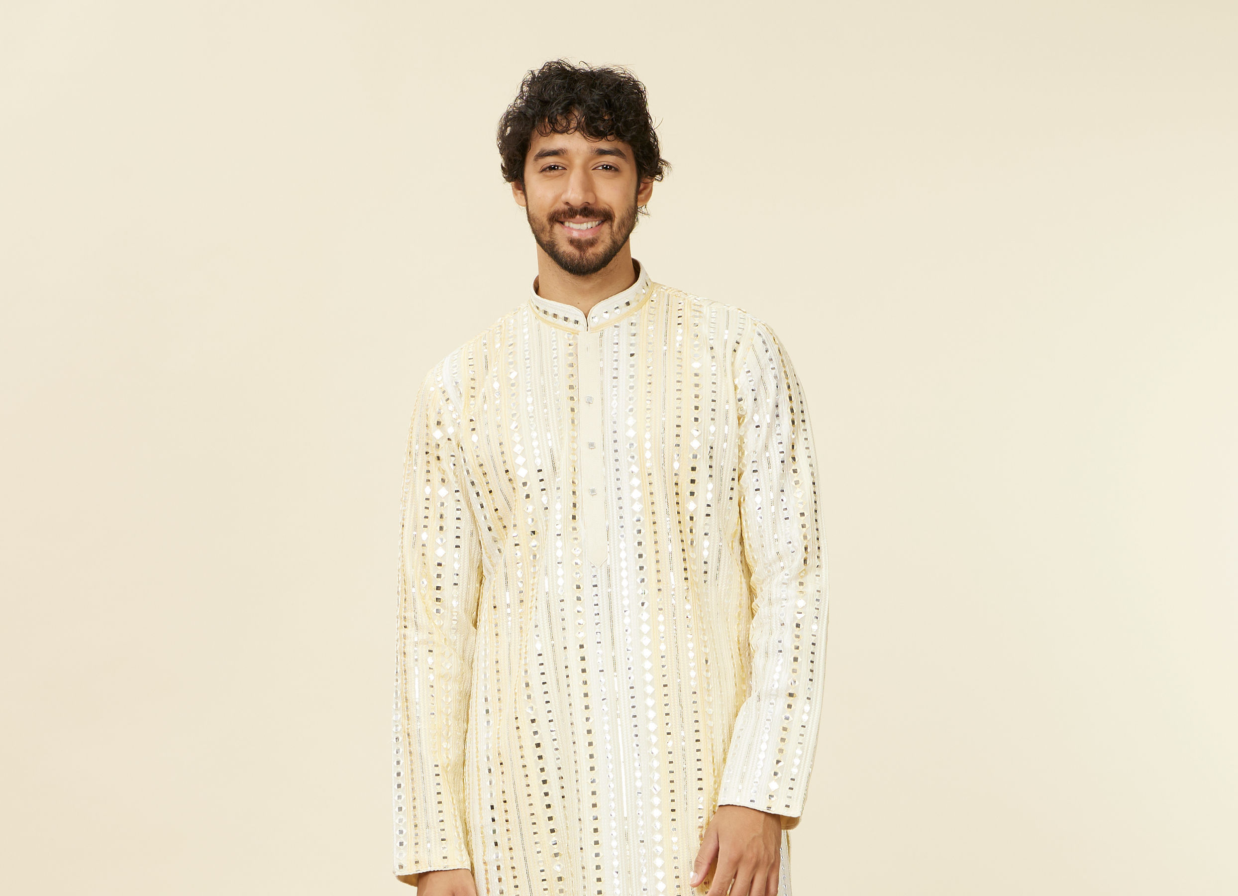Twamev Men Lemon Yellow Kurta Set with Mirror Work