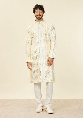 alt message - Twamev Men Lemon Yellow Kurta Set with Mirror Work image number 2