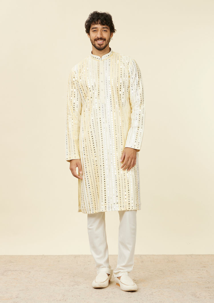 alt message - Twamev Men Lemon Yellow Kurta Set with Mirror Work image number 2