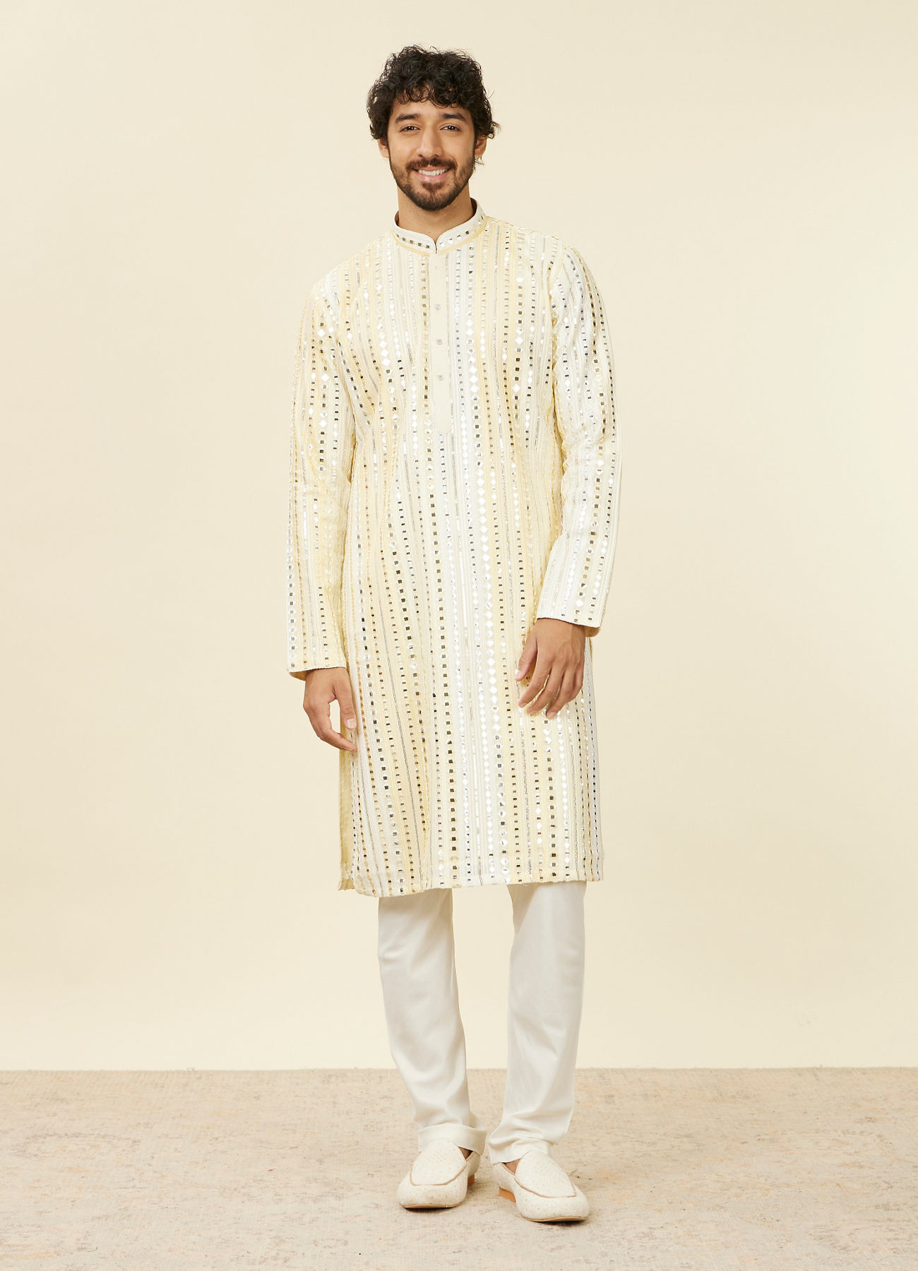 Twamev Men Lemon Yellow Kurta Set with Mirror Work