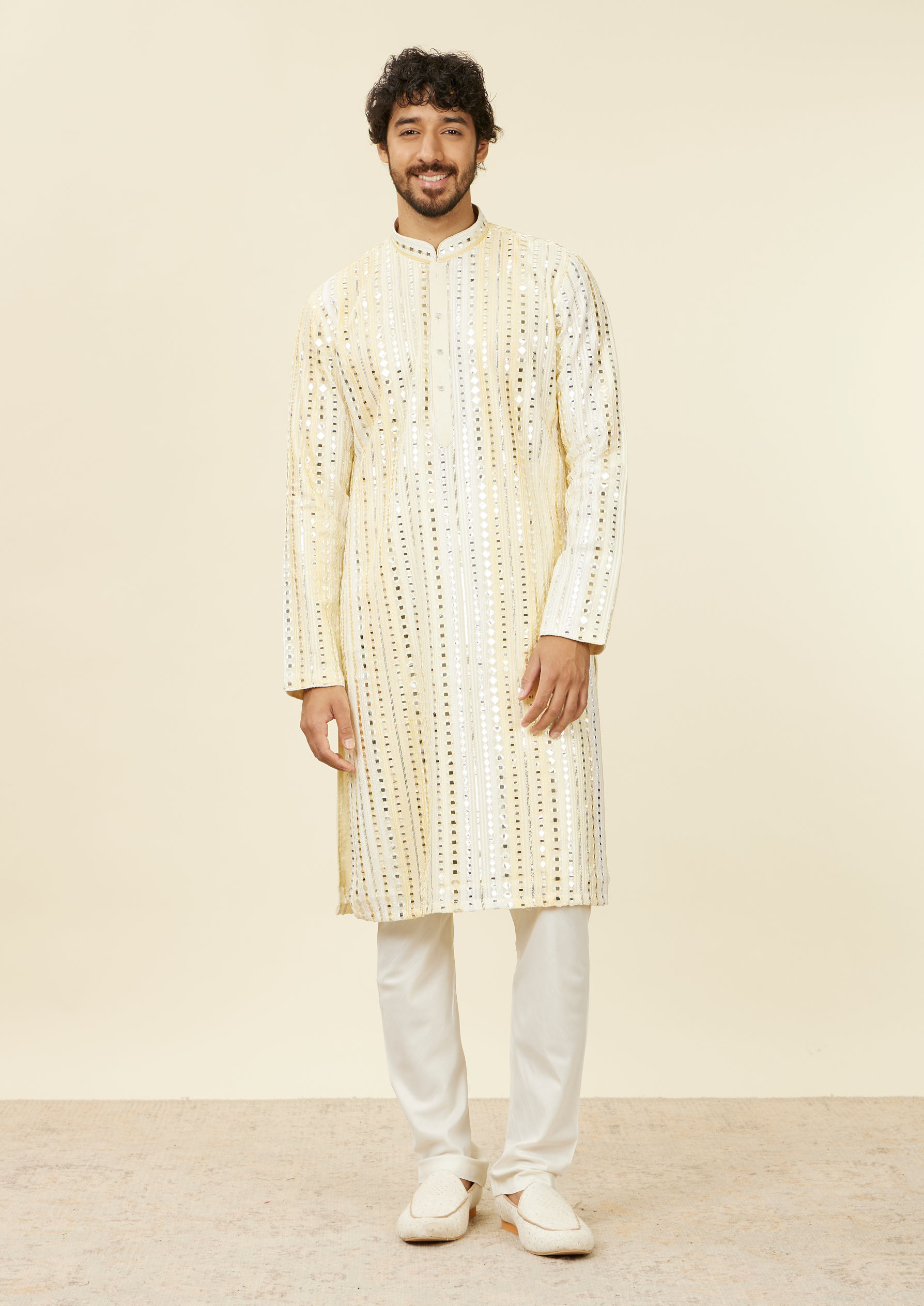 alt message - Twamev Men Lemon Yellow Kurta Set with Mirror Work image number 2