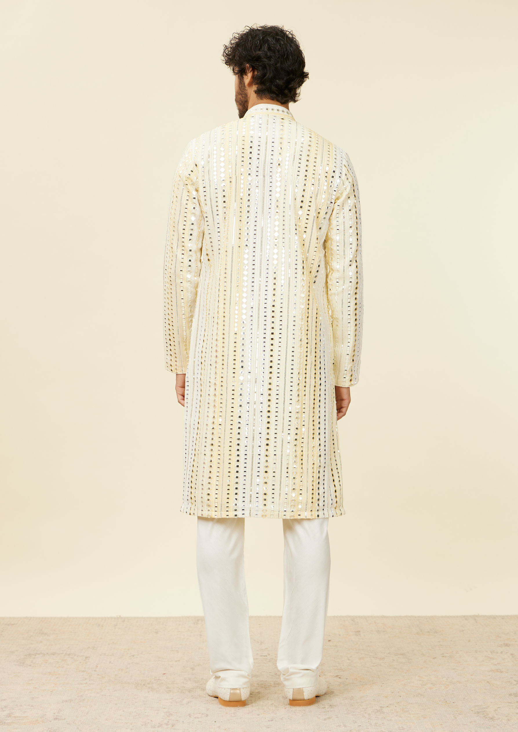 alt message - Twamev Men Lemon Yellow Kurta Set with Mirror Work image number 4