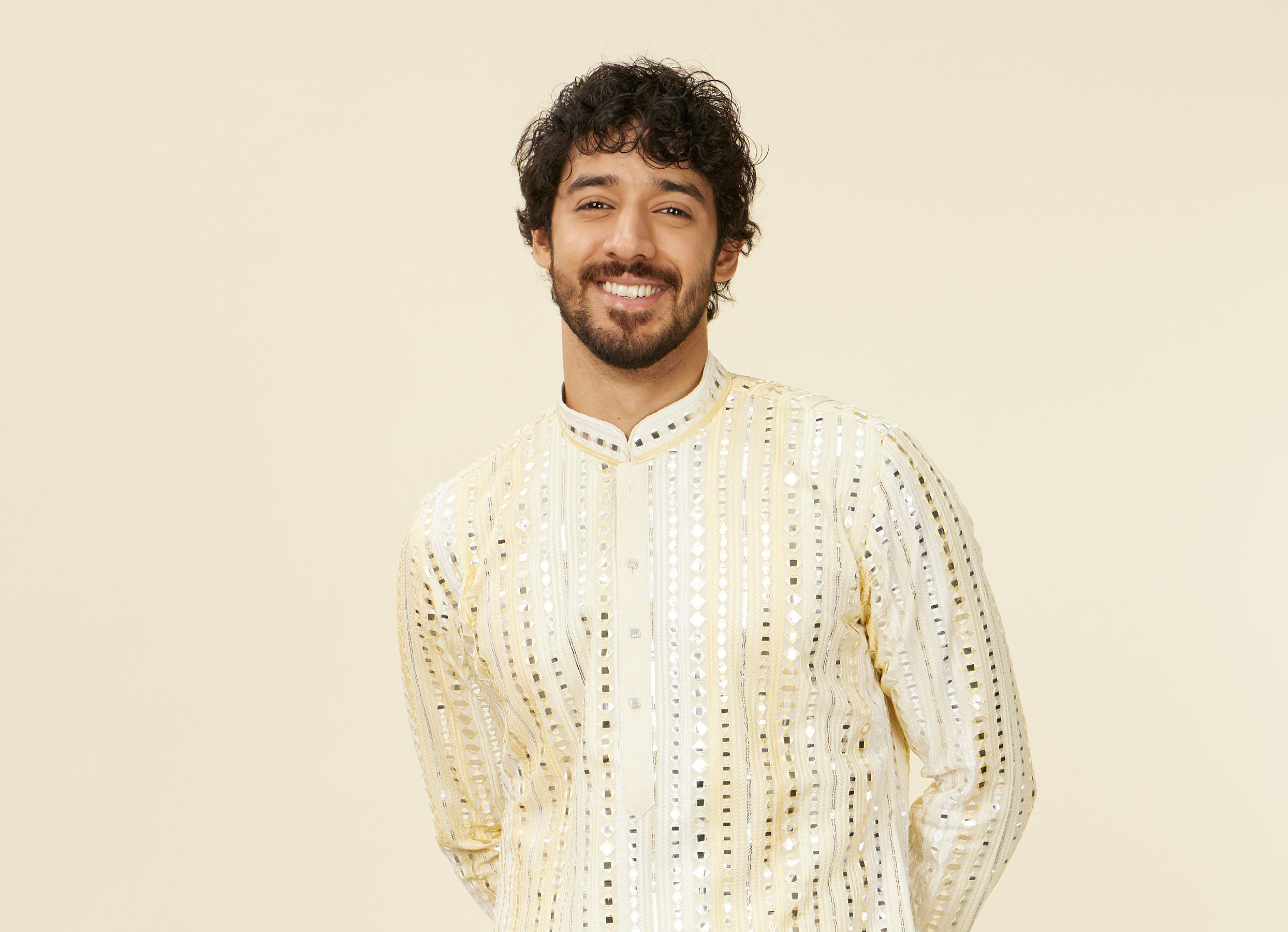 Twamev Men Lemon Yellow Kurta Set with Mirror Work