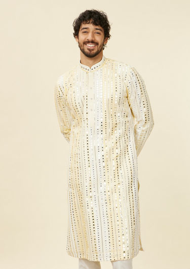 alt message - Twamev Men Lemon Yellow Kurta Set with Mirror Work image number 0