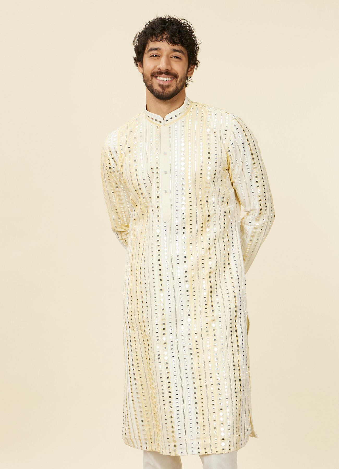 Twamev Men Lemon Yellow Kurta Set with Mirror Work