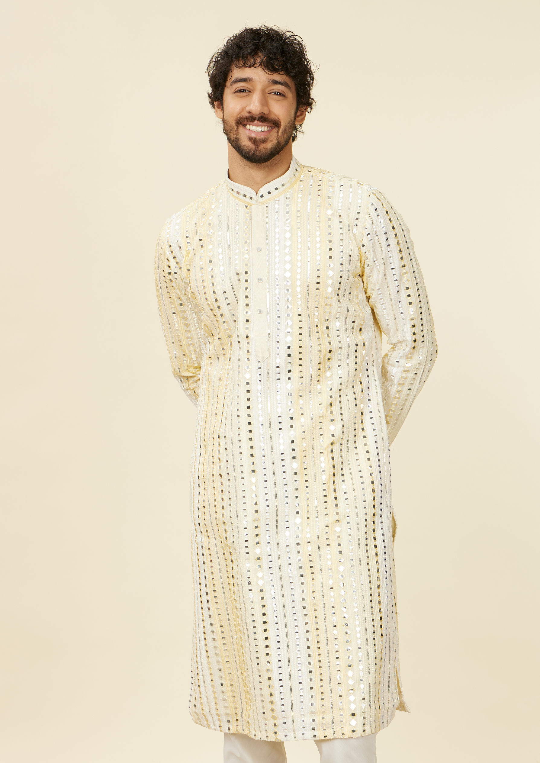 alt message - Twamev Men Lemon Yellow Kurta Set with Mirror Work image number 0