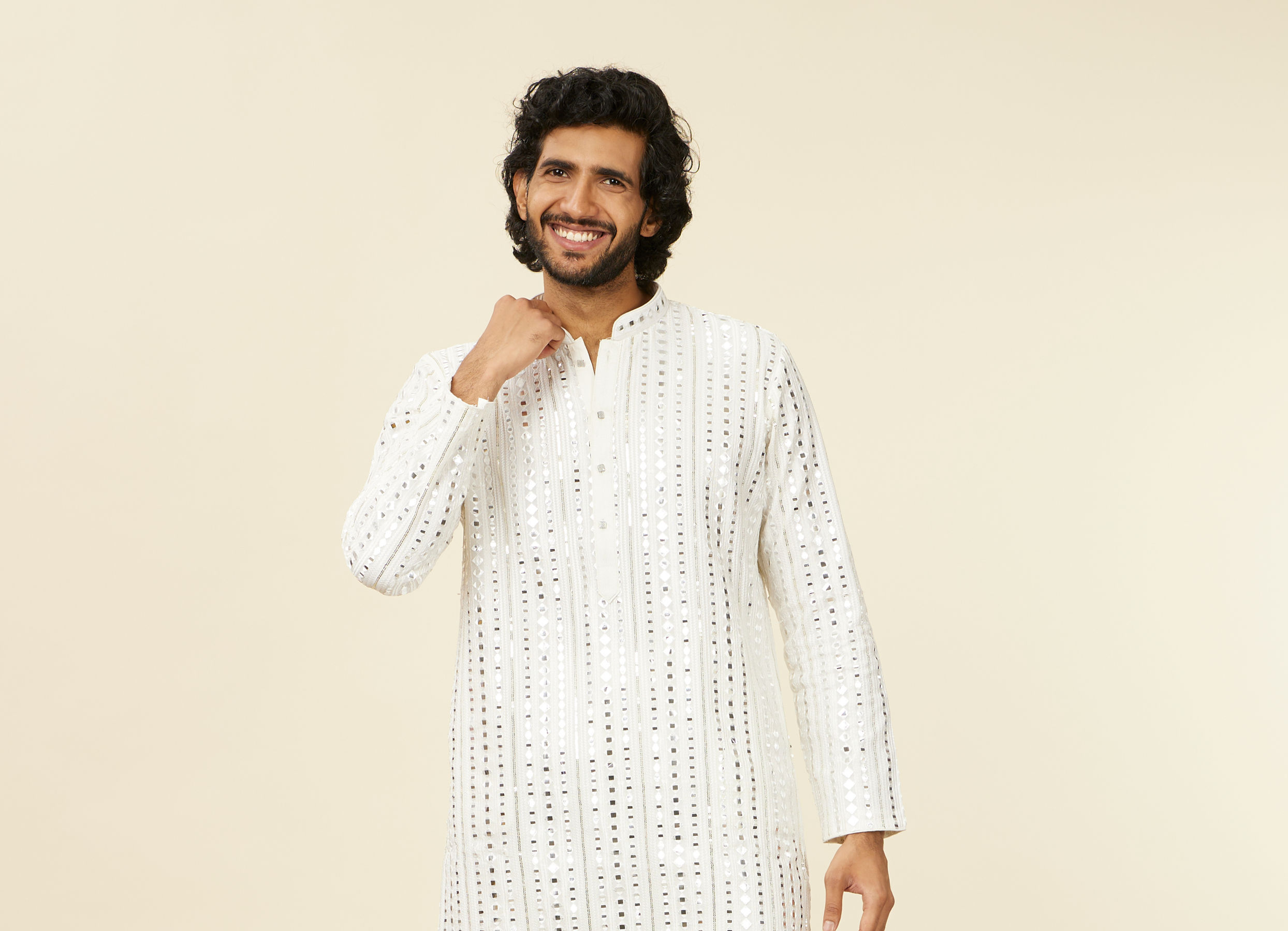 Twamev Men Warm White Kurta Set with Mirror Work