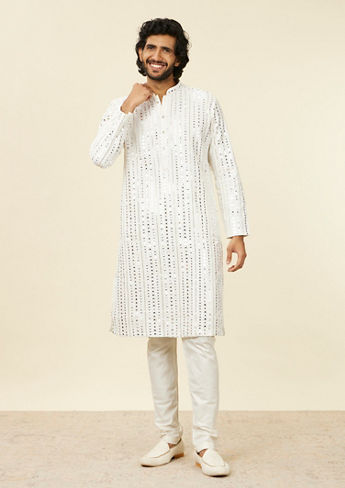 alt message - Twamev Men Warm White Kurta Set with Mirror Work image number 2