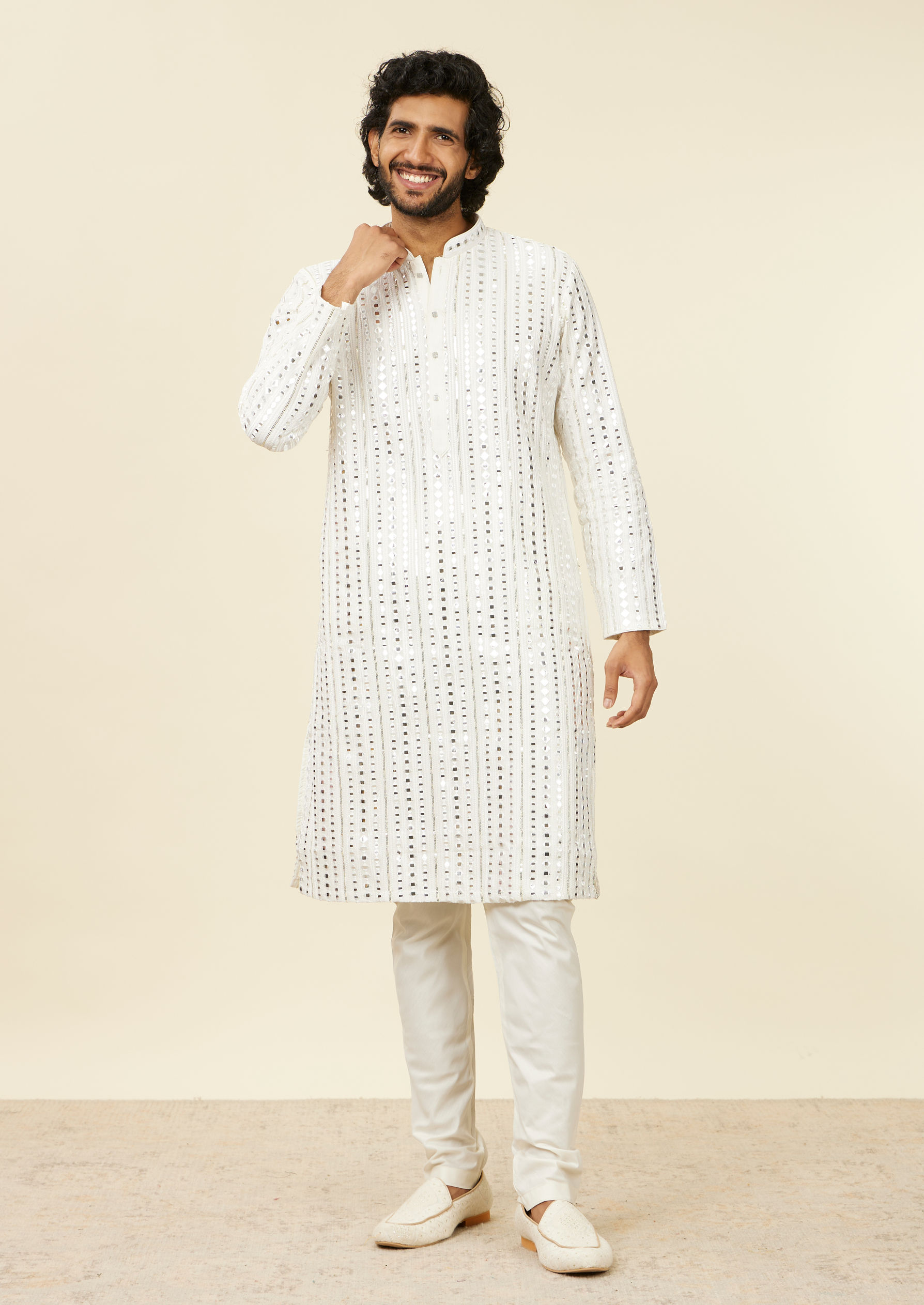 Twamev Men Warm White Kurta Set with Mirror Work