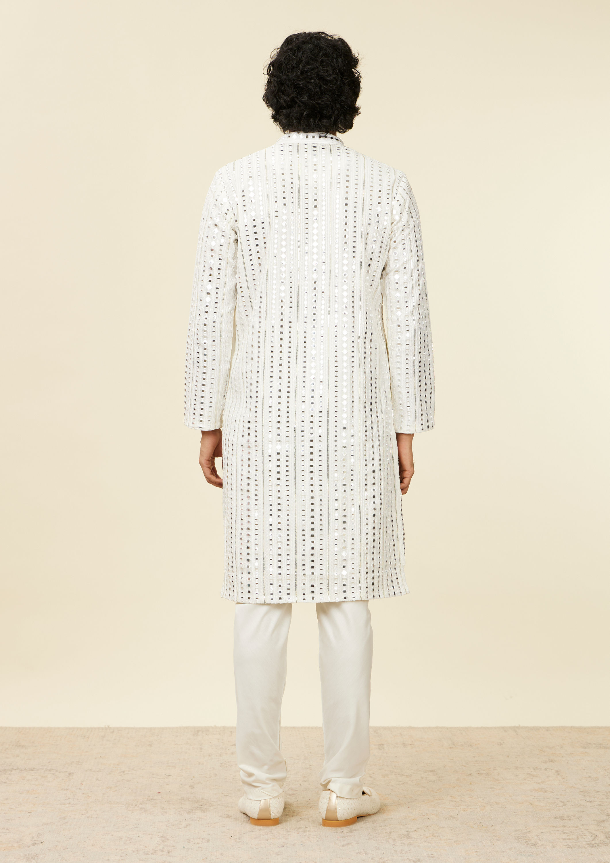 Twamev Men Warm White Kurta Set with Mirror Work
