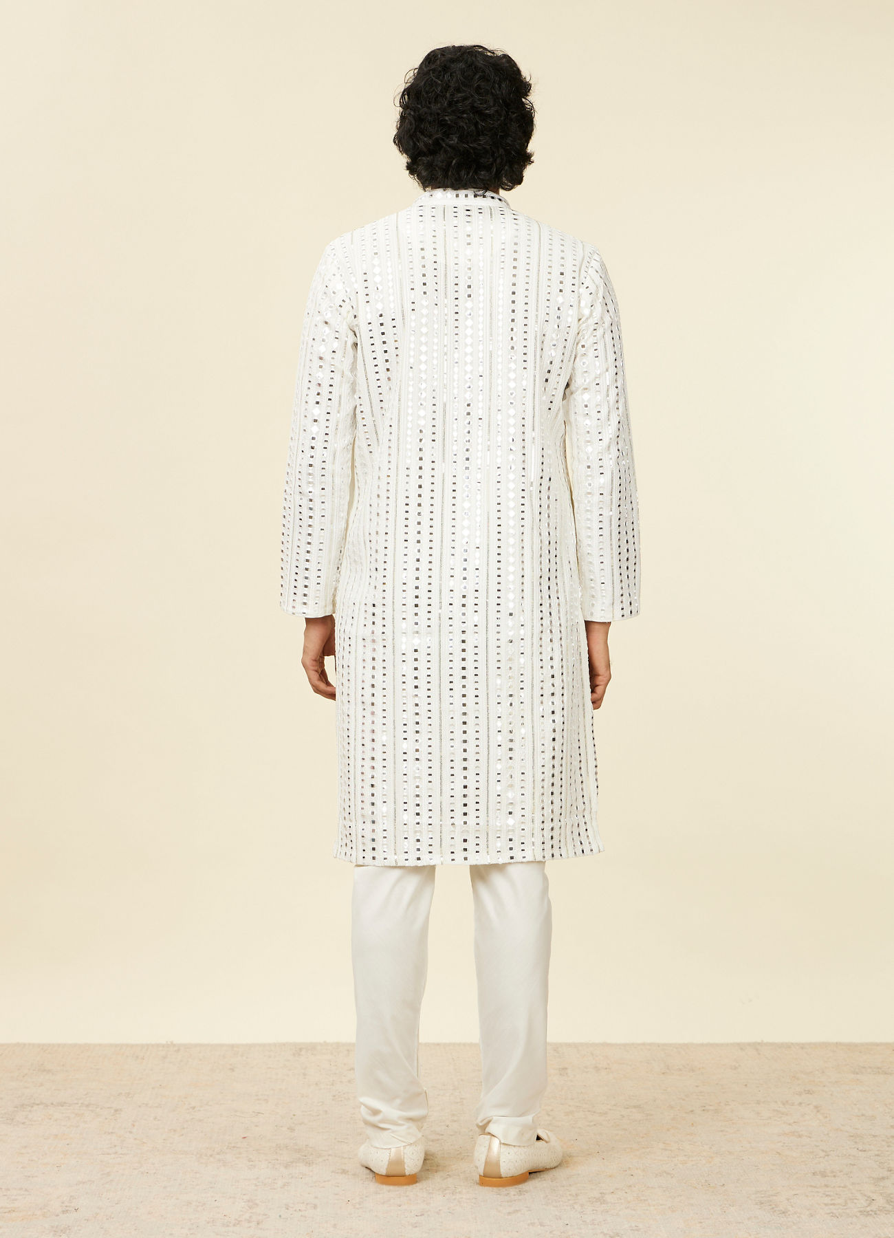 Twamev Men Warm White Kurta Set with Mirror Work
