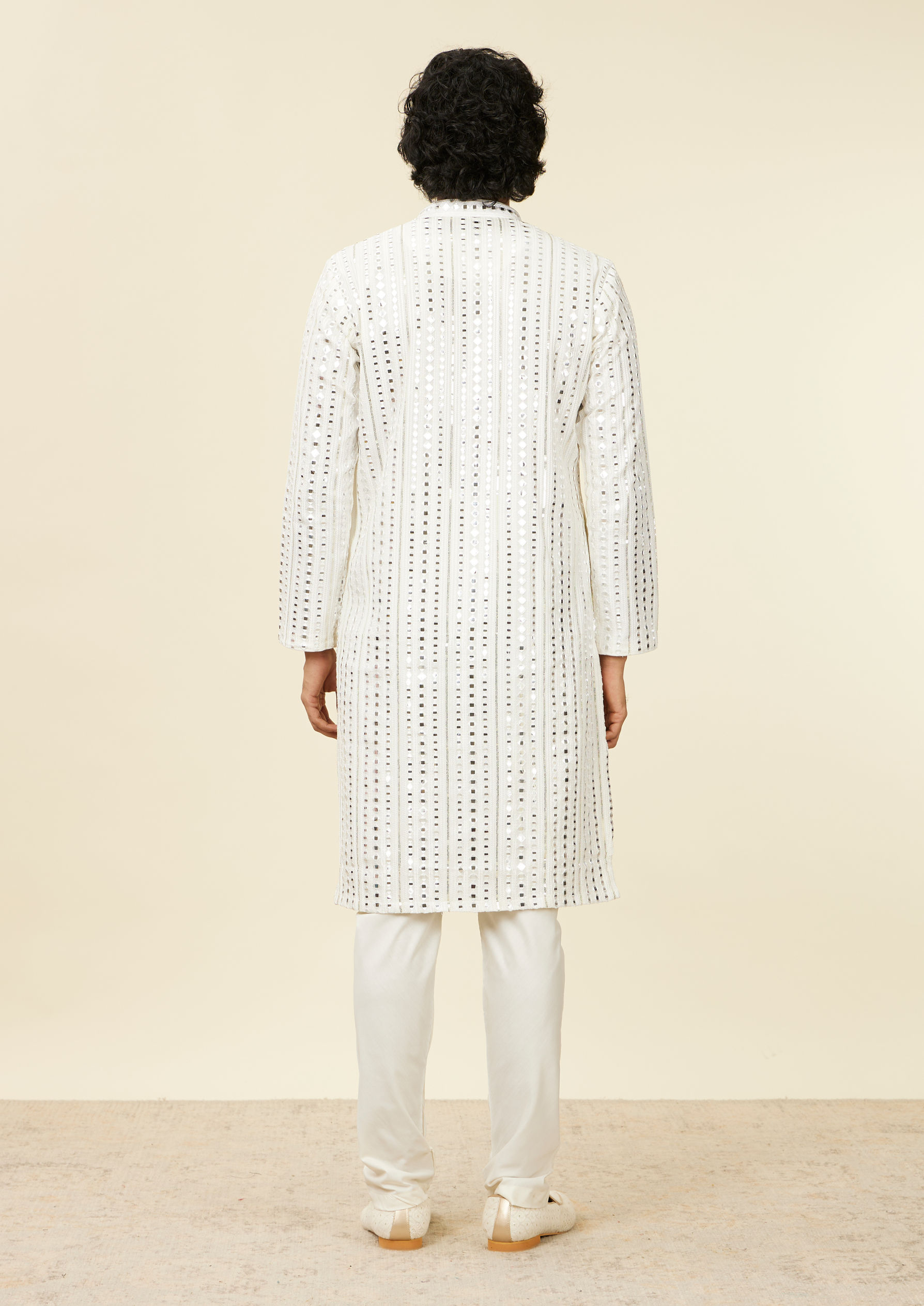 Twamev Men Warm White Kurta Set with Mirror Work