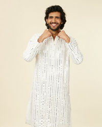 Twamev Men Warm White Kurta Set with Mirror Work