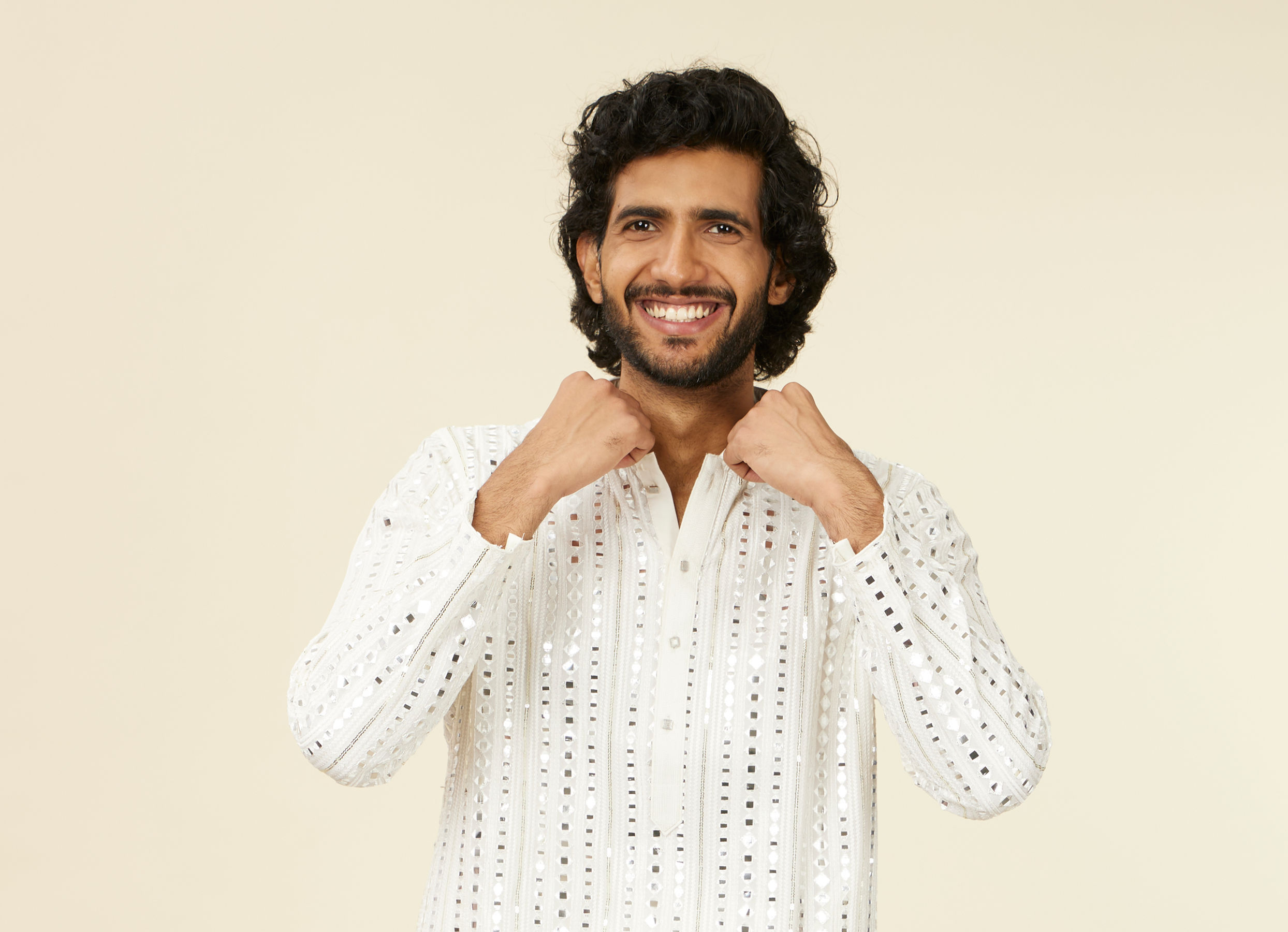 Twamev Men Warm White Kurta Set with Mirror Work