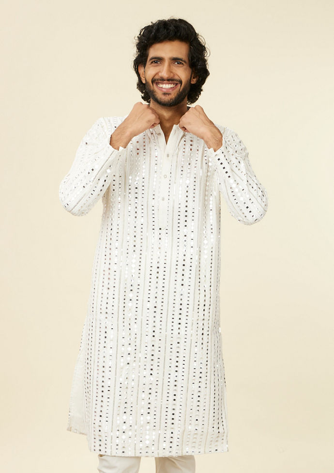 Twamev Men Warm White Georgette Mirror Work Embroidered Kurta Set
