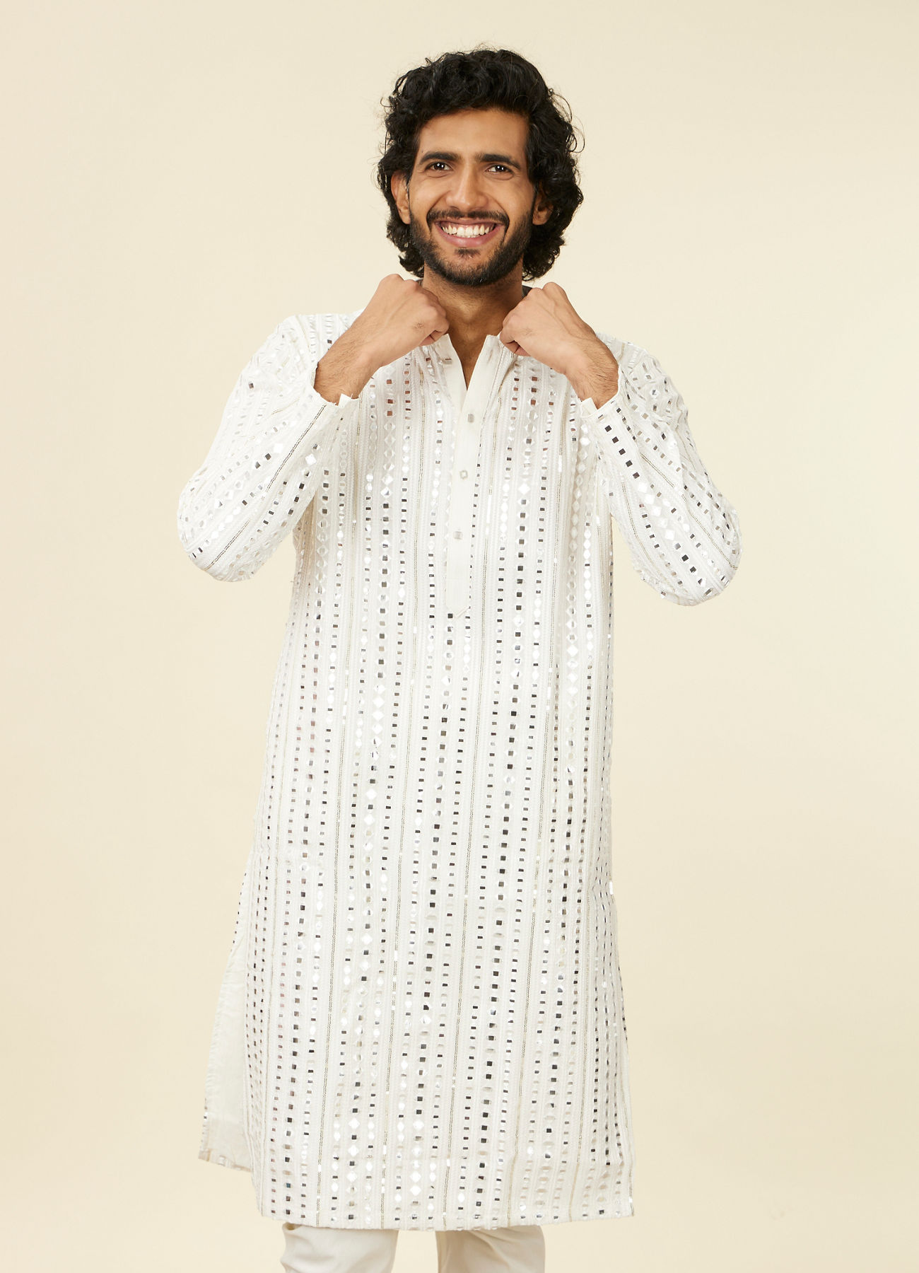Twamev Men Warm White Kurta Set with Mirror Work