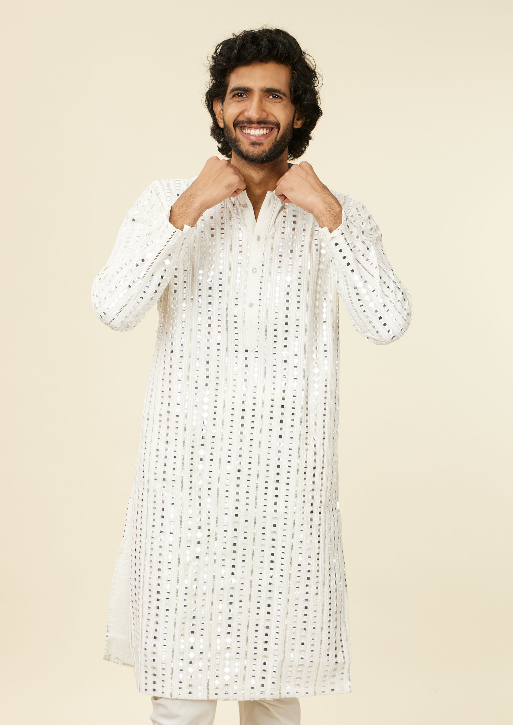 Twamev Men Warm White Kurta Set with Mirror Work