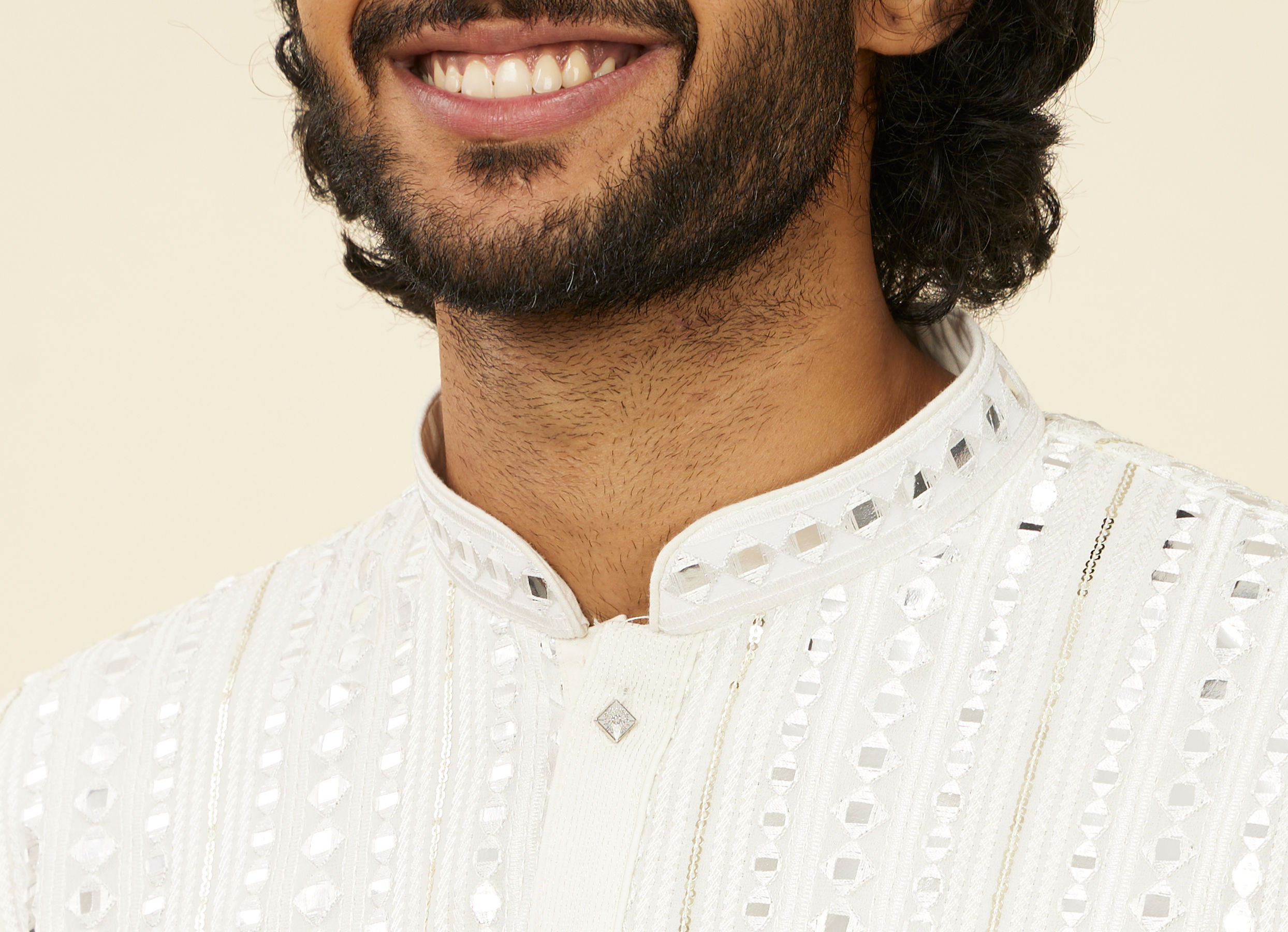 Twamev Men Warm White Kurta Set with Mirror Work