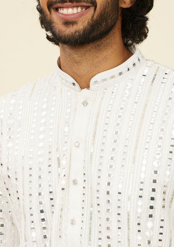 Twamev Men Warm White Kurta Set with Mirror Work