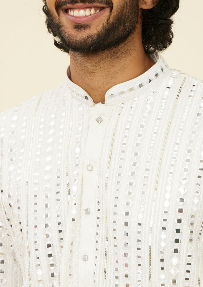 Twamev Men Warm White Georgette Mirror Work Embroidered Kurta Set