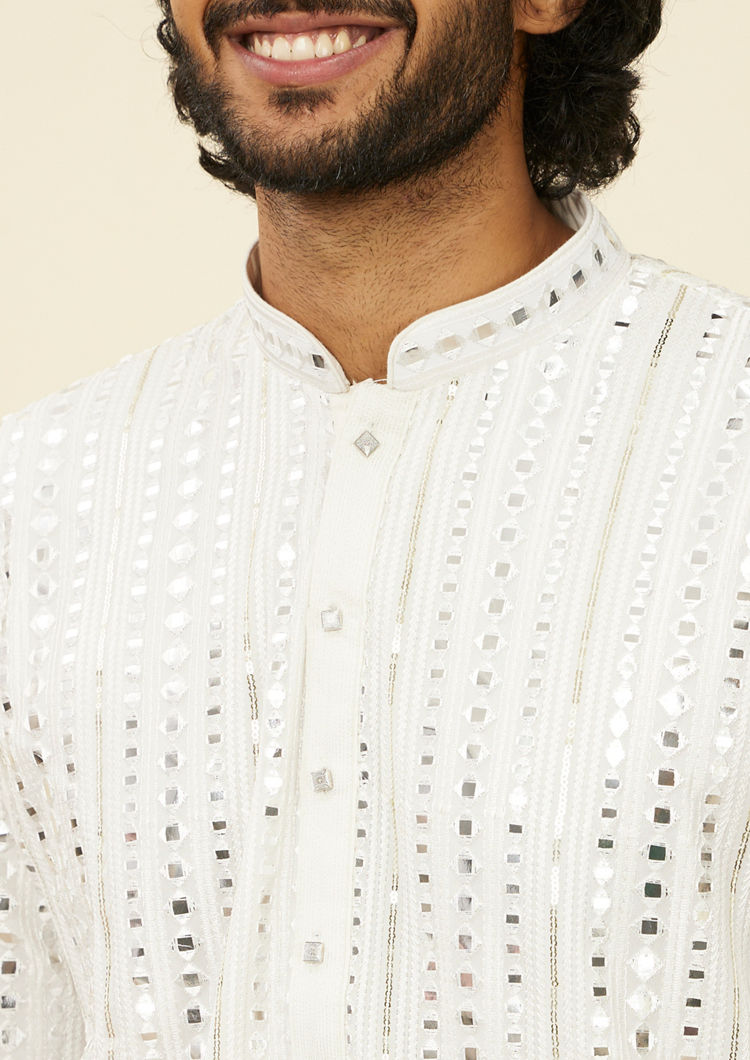 Twamev Men Warm White Kurta Set with Mirror Work