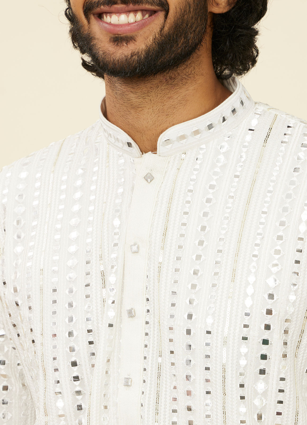 Twamev Men Warm White Kurta Set with Mirror Work