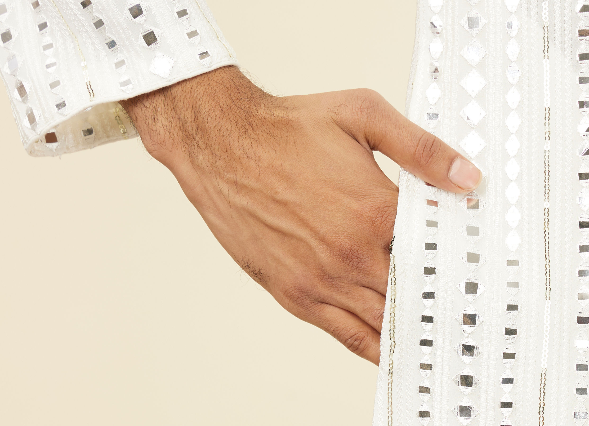 Twamev Men Warm White Kurta Set with Mirror Work