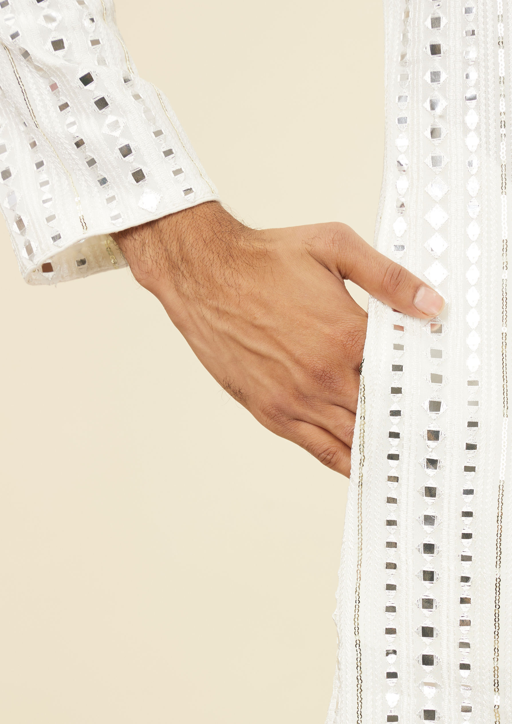 Twamev Men Warm White Kurta Set with Mirror Work