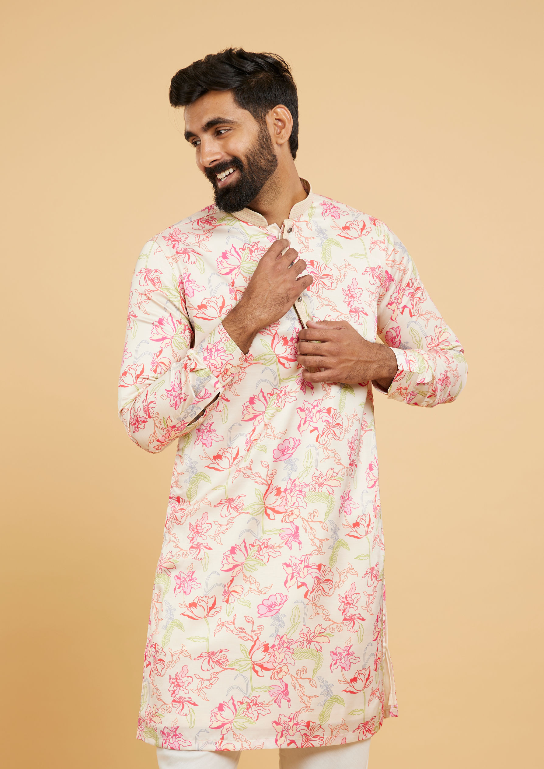 Twamev Men Glistening Beige Kurta Pajama