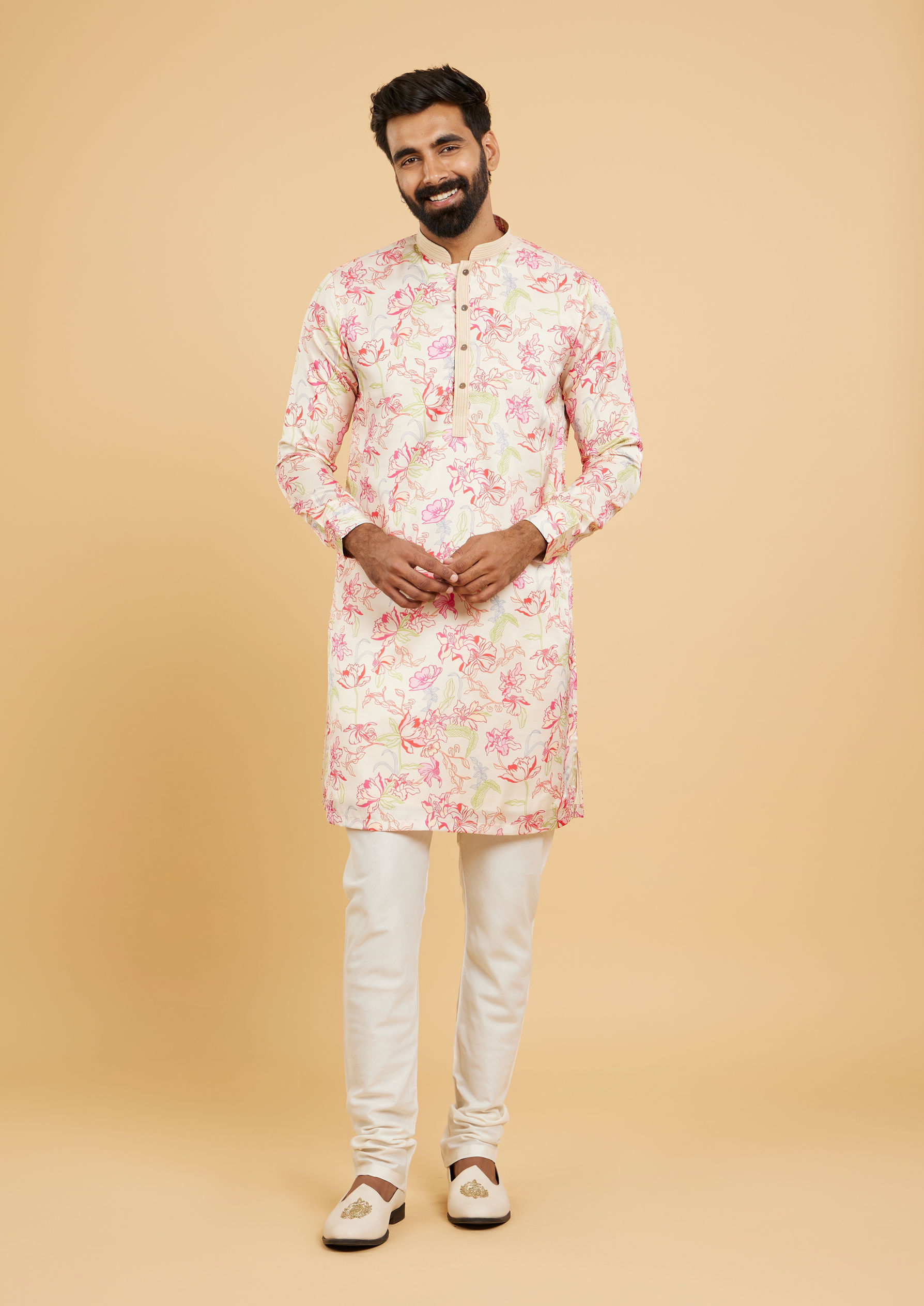 Twamev Men Glistening Beige Kurta Pajama