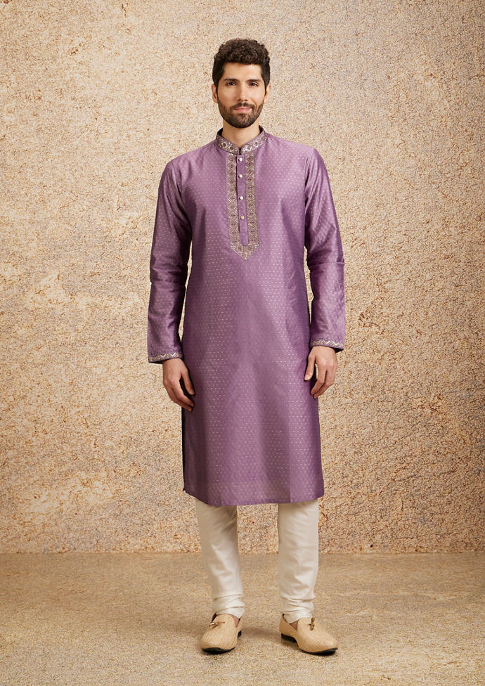 Twamev Men Lilac Embroidered Kurta Pajama