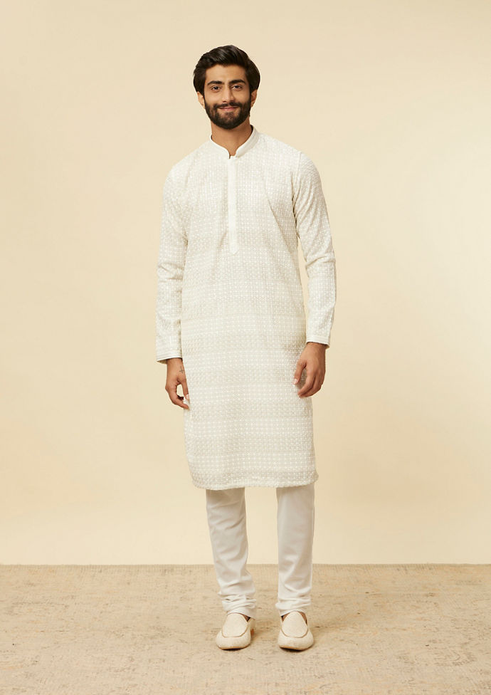 Twamev Men Warm White Self Patterned Sequinned Kurta Set image number 2