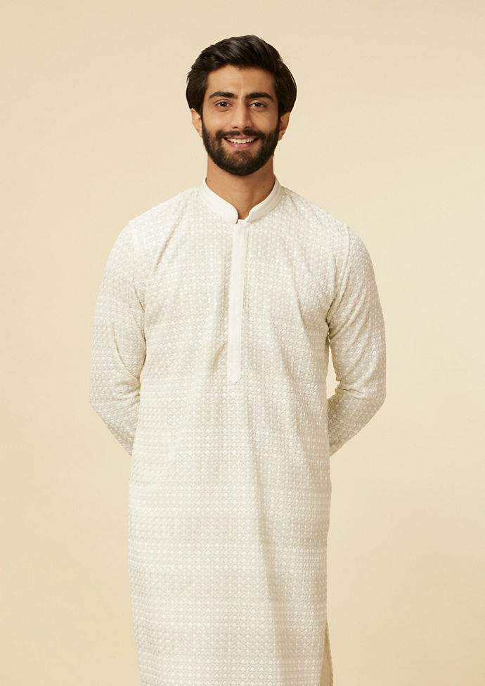 Twamev Men Warm White Self Patterned Sequinned Kurta Set image number 0