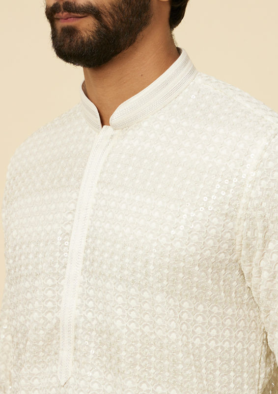 Twamev Men Warm White Self Patterned Sequinned Kurta Set image number 1