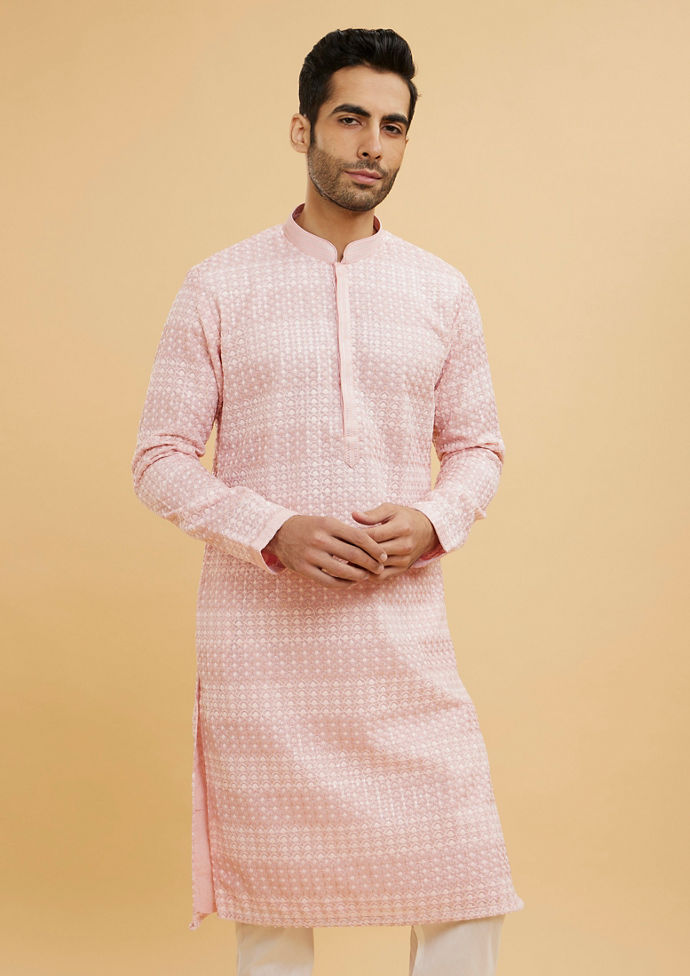 Twamev Men Millennial Pink Chikankari Grid Patterned Kurta Set