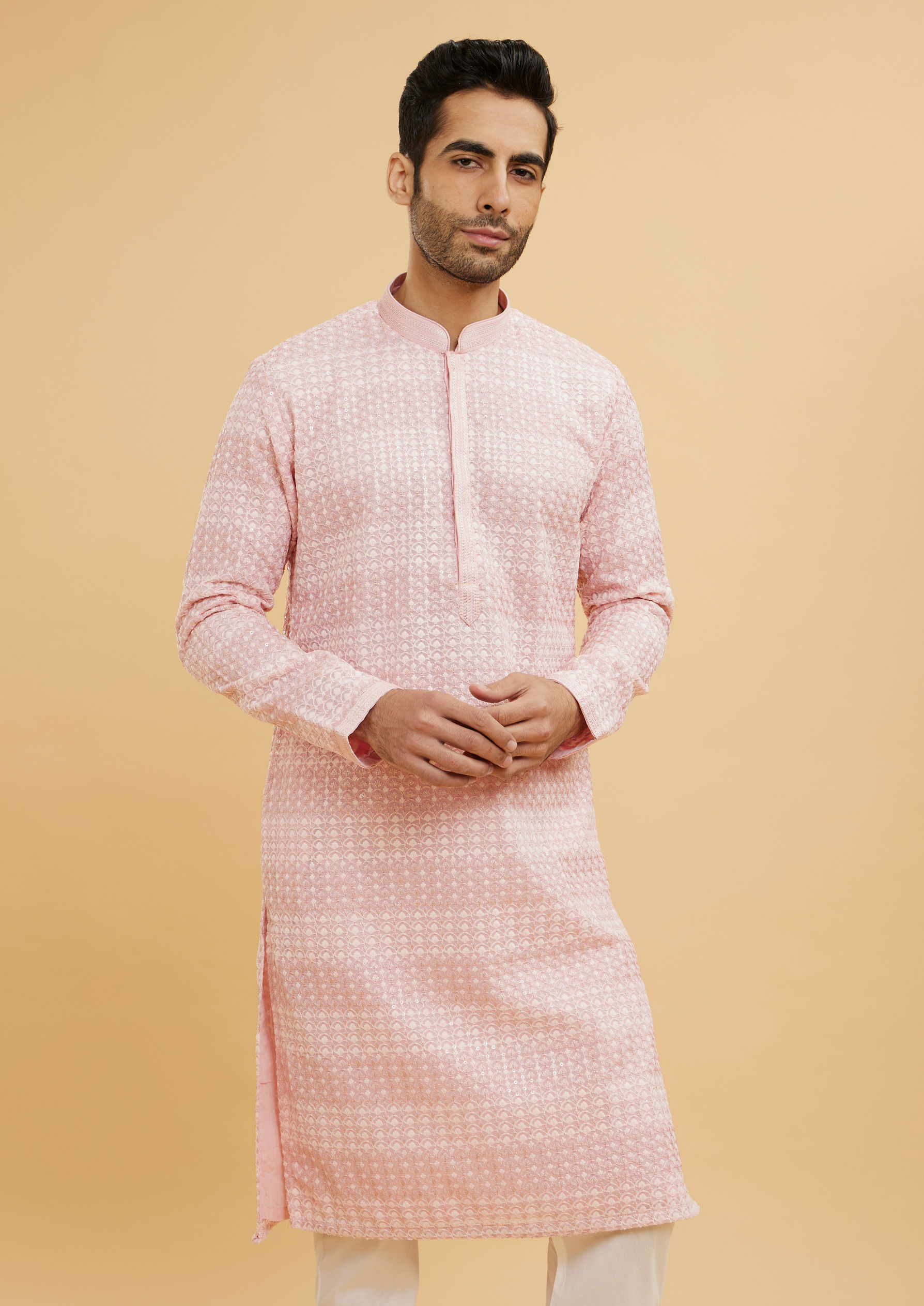 Twamev Men Millennial Pink Chikankari Grid Patterned Kurta Set