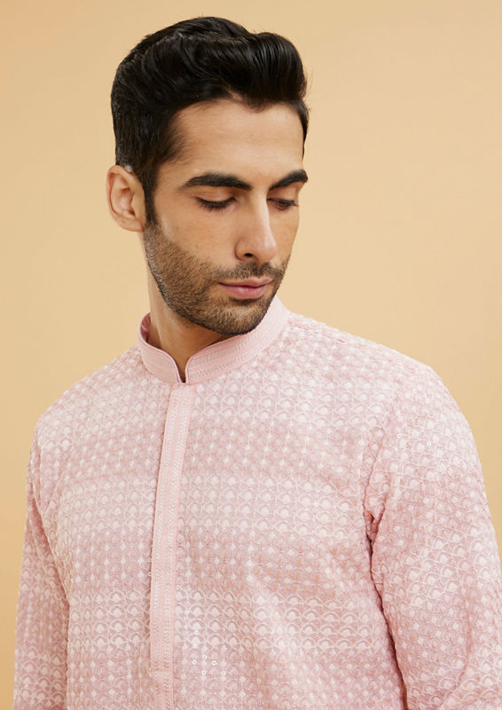 Twamev Men Millennial Pink Chikankari Grid Patterned Kurta Set